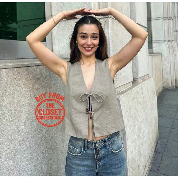 ZARA Sleeveless Linen Vest NWT | Beige Beaded Tie-Front Top Size L - Picture 7 of 16